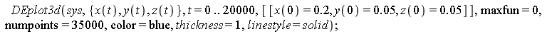 DEplot3d(sys, {x(t), y(t), z(t)}, t = 0 .. 20000, [[x(0) = .2, y(0) = 0.5e-1, z(0) = 0.5e-1]], maxfun = 0, numpoints = 35000, color = blue, thickness = 1, linestyle = solid)