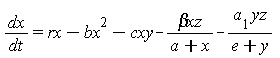 dx/dt = rx-bx^2-cxy-`&beta;xz`/(a+x)-a[1]*yz/(e+y)