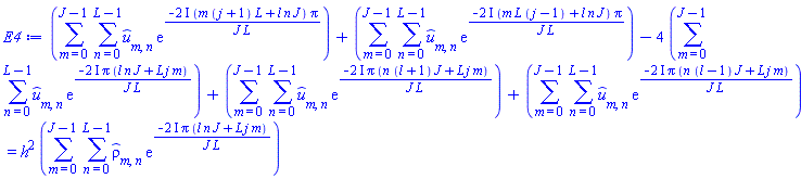 sum(sum(`#mover(mi("u"),mo("&circ;"))`[m, n]*exp(-(2*I)*(m*(j+1)*L+l*n*J)*Pi/(J*L)), n = 0 .. L-1), m = 0 .. J-1)+sum(sum(`#mover(mi("u"),mo("&circ;"))`[m, n]*exp(-(2*I)*(m*L*(j-1)+l*n*J)*Pi/(J*L)), n = 0 .. L-1), m = 0 .. J-1)-4*(sum(sum(`#mover(mi("u"),mo("&circ;"))`[m, n]*exp(-(2*I)*Pi*(J*l*n+L*j*m)/(J*L)), n = 0 .. L-1), m = 0 .. J-1))+sum(sum(`#mover(mi("u"),mo("&circ;"))`[m, n]*exp(-(2*I)*Pi*(n*(l+1)*J+L*j*m)/(J*L)), n = 0 .. L-1), m = 0 .. J-1)+sum(sum(`#mover(mi("u"),mo("&circ;"))`[m, n]*exp(-(2*I)*Pi*(n*(l-1)*J+L*j*m)/(J*L)), n = 0 .. L-1), m = 0 .. J-1) = h^2*(sum(sum(`#mover(mi("&rho;",fontstyle = "normal"),mo("&circ;"))`[m, n]*exp(-(2*I)*Pi*(J*l*n+L*j*m)/(J*L)), n = 0 .. L-1), m = 0 .. J-1))