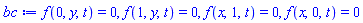 f(0, y, t) = 0, f(1, y, t) = 0, f(x, 1, t) = 0, f(x, 0, t) = 0