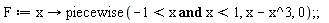 F := proc (x) options operator, arrow; piecewise(-1 < x and x < 1, x-x^3, 0) end proc
