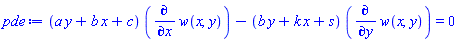 (a*y+b*x+c)*(diff(w(x, y), x))-(b*y+k*x+s)*(diff(w(x, y), y)) = 0