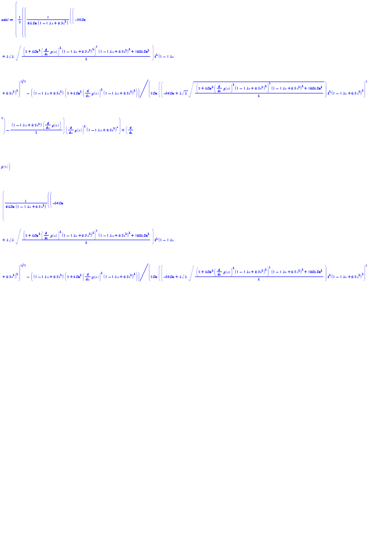 ((1/2)*((1/6)*((-54*De+3*3^(1/2)*(((2+k*De^2*(diff(p(x), x))^2*(1-1.3*x+.5*x^2)^2)^3*(1-1.3*x+.5*x^2)^2+108*k*De^2)/k)^(1/2))*k^2*(1-1.3*x+.5*x^2)^2)^(1/3)/(k*De*(1-1.3*x+.5*x^2))-(1/2)*(1-1.3*x+.5*x^2)*(2+k*De^2*(diff(p(x), x))^2*(1-1.3*x+.5*x^2)^2)/(De*((-54*De+3*3^(1/2)*(((2+k*De^2*(diff(p(x), x))^2*(1-1.3*x+.5*x^2)^2)^3*(1-1.3*x+.5*x^2)^2+108*k*De^2)/k)^(1/2))*k^2*(1-1.3*x+.5*x^2)^2)^(1/3))-(1/2)*(1-1.3*x+.5*x^2)*(diff(p(x), x)))*(diff(p(x), x))^2*(1-1.3*x+.5*x^2)^4+(diff(p(x), x))*((1/6)*((-54*De+3*3^(1/2)*(((2+k*De^2*(diff(p(x), x))^2*(1-1.3*x+.5*x^2)^2)^3*(1-1.3*x+.5*x^2)^2+108*k*De^2)/k)^(1/2))*k^2*(1-1.3*x+.5*x^2)^2)^(1/3)/(k*De*(1-1.3*x+.5*x^2))-(1/2)*(1-1.3*x+.5*x^2)*(2+k*De^2*(diff(p(x), x))^2*(1-1.3*x+.5*x^2)^2)/(De*((-54*De+3*3^(1/2)*(((2+k*De^2*(diff(p(x), x))^2*(1-1.3*x+.5*x^2)^2)^3*(1-1.3*x+.5*x^2)^2+108*k*De^2)/k)^(1/2))*k^2*(1-1.3*x+.5*x^2)^2)^(1/3))-(1/2)*(1-1.3*x+.5*x^2)*(diff(p(x), x)))^2*(1-1.3*x+.5*x^2)^3+(1/10)*(diff(p(x), x))*(1-1.3*x+.5*x^2)^5+((1/6)*((-54*De+3*3^(1/2)*(((2+k*De^2*(diff(p(x), x))^2*(1-1.3*x+.5*x^2)^2)^3*(1-1.3*x+.5*x^2)^2+108*k*De^2)/k)^(1/2))*k^2*(1-1.3*x+.5*x^2)^2)^(1/3)/(k*De*(1-1.3*x+.5*x^2))-(1/2)*(1-1.3*x+.5*x^2)*(2+k*De^2*(diff(p(x), x))^2*(1-1.3*x+.5*x^2)^2)/(De*((-54*De+3*3^(1/2)*(((2+k*De^2*(diff(p(x), x))^2*(1-1.3*x+.5*x^2)^2)^3*(1-1.3*x+.5*x^2)^2+108*k*De^2)/k)^(1/2))*k^2*(1-1.3*x+.5*x^2)^2)^(1/3))-(1/2)*(1-1.3*x+.5*x^2)*(diff(p(x), x)))^3*(1-1.3*x+.5*x^2)^2)*k*De^2+(1/2)*((1/6)*((-54*De+3*3^(1/2)*(((2+k*De^2*(diff(p(x), x))^2*(1-1.3*x+.5*x^2)^2)^3*(1-1.3*x+.5*x^2)^2+108*k*De^2)/k)^(1/2))*k^2*(1-1.3*x+.5*x^2)^2)^(1/3)/(k*De*(1-1.3*x+.5*x^2))-(1/2)*(1-1.3*x+.5*x^2)*(2+k*De^2*(diff(p(x), x))^2*(1-1.3*x+.5*x^2)^2)/(De*((-54*De+3*3^(1/2)*(((2+k*De^2*(diff(p(x), x))^2*(1-1.3*x+.5*x^2)^2)^3*(1-1.3*x+.5*x^2)^2+108*k*De^2)/k)^(1/2))*k^2*(1-1.3*x+.5*x^2)^2)^(1/3))-(1/2)*(1-1.3*x+.5*x^2)*(diff(p(x), x)))*(1-1.3*x+.5*x^2)^2+(1/6)*(diff(p(x), x))*(1-1.3*x+.5*x^2)^3+1-1.3*x+.5*x^2 = 0