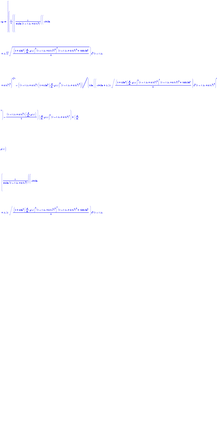 {((1/2)*((1/6)*((-54*De+3*3^(1/2)*(((2+k*De^2*(diff(p(x), x))^2*(1-1.3*x+.5*x^2)^2)^3*(1-1.3*x+.5*x^2)^2+108*k*De^2)/k)^(1/2))*k^2*(1-1.3*x+.5*x^2)^2)^(1/3)/(k*De*(1-1.3*x+.5*x^2))-(1/2)*(1-1.3*x+.5*x^2)*(2+k*De^2*(diff(p(x), x))^2*(1-1.3*x+.5*x^2)^2)/(De*((-54*De+3*3^(1/2)*(((2+k*De^2*(diff(p(x), x))^2*(1-1.3*x+.5*x^2)^2)^3*(1-1.3*x+.5*x^2)^2+108*k*De^2)/k)^(1/2))*k^2*(1-1.3*x+.5*x^2)^2)^(1/3))-(1/2)*(1-1.3*x+.5*x^2)*(diff(p(x), x)))*(diff(p(x), x))^2*(1-1.3*x+.5*x^2)^4+(diff(p(x), x))*((1/6)*((-54*De+3*3^(1/2)*(((2+k*De^2*(diff(p(x), x))^2*(1-1.3*x+.5*x^2)^2)^3*(1-1.3*x+.5*x^2)^2+108*k*De^2)/k)^(1/2))*k^2*(1-1.3*x+.5*x^2)^2)^(1/3)/(k*De*(1-1.3*x+.5*x^2))-(1/2)*(1-1.3*x+.5*x^2)*(2+k*De^2*(diff(p(x), x))^2*(1-1.3*x+.5*x^2)^2)/(De*((-54*De+3*3^(1/2)*(((2+k*De^2*(diff(p(x), x))^2*(1-1.3*x+.5*x^2)^2)^3*(1-1.3*x+.5*x^2)^2+108*k*De^2)/k)^(1/2))*k^2*(1-1.3*x+.5*x^2)^2)^(1/3))-(1/2)*(1-1.3*x+.5*x^2)*(diff(p(x), x)))^2*(1-1.3*x+.5*x^2)^3+(1/10)*(diff(p(x), x))*(1-1.3*x+.5*x^2)^5+((1/6)*((-54*De+3*3^(1/2)*(((2+k*De^2*(diff(p(x), x))^2*(1-1.3*x+.5*x^2)^2)^3*(1-1.3*x+.5*x^2)^2+108*k*De^2)/k)^(1/2))*k^2*(1-1.3*x+.5*x^2)^2)^(1/3)/(k*De*(1-1.3*x+.5*x^2))-(1/2)*(1-1.3*x+.5*x^2)*(2+k*De^2*(diff(p(x), x))^2*(1-1.3*x+.5*x^2)^2)/(De*((-54*De+3*3^(1/2)*(((2+k*De^2*(diff(p(x), x))^2*(1-1.3*x+.5*x^2)^2)^3*(1-1.3*x+.5*x^2)^2+108*k*De^2)/k)^(1/2))*k^2*(1-1.3*x+.5*x^2)^2)^(1/3))-(1/2)*(1-1.3*x+.5*x^2)*(diff(p(x), x)))^3*(1-1.3*x+.5*x^2)^2)*k*De^2+(1/2)*((1/6)*((-54*De+3*3^(1/2)*(((2+k*De^2*(diff(p(x), x))^2*(1-1.3*x+.5*x^2)^2)^3*(1-1.3*x+.5*x^2)^2+108*k*De^2)/k)^(1/2))*k^2*(1-1.3*x+.5*x^2)^2)^(1/3)/(k*De*(1-1.3*x+.5*x^2))-(1/2)*(1-1.3*x+.5*x^2)*(2+k*De^2*(diff(p(x), x))^2*(1-1.3*x+.5*x^2)^2)/(De*((-54*De+3*3^(1/2)*(((2+k*De^2*(diff(p(x), x))^2*(1-1.3*x+.5*x^2)^2)^3*(1-1.3*x+.5*x^2)^2+108*k*De^2)/k)^(1/2))*k^2*(1-1.3*x+.5*x^2)^2)^(1/3))-(1/2)*(1-1.3*x+.5*x^2)*(diff(p(x), x)))*(1-1.3*x+.5*x^2)^2+(1/6)*(diff(p(x), x))*(1-1.3*x+.5*x^2)^3+1-1.3*x+.5*x^2 = 0, p(0) = 0}