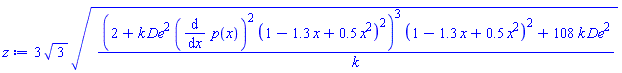 3*3^(1/2)*(((2+k*De^2*(diff(p(x), x))^2*(1-1.3*x+.5*x^2)^2)^3*(1-1.3*x+.5*x^2)^2+108*k*De^2)/k)^(1/2)