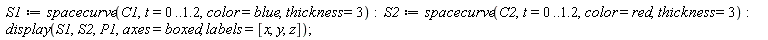 S1 := spacecurve(C1, t = 0 .. 1.2, color = blue, thickness = 3); S2 := spacecurve(C2, t = 0 .. 1.2, color = red, thickness = 3); display(S1, S2, P1, axes = boxed, labels = [x, y, z])