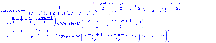 exp(-(1/2)*b*x^c)*((x^(-(3/2)*c+(1/2)*a+1/2)*(c+a+1)*b^(-(1/2)*(3*c+a+1)/c)+c*x^((1/2)*a+1/2-(1/2)*c)*b^(-(1/2)*(c+a+1)/c))*c*WhittakerM((1/2)*(-c+a+1)/c, (1/2)*(2*c+a+1)/c, b*x^c)+b^(-(1/2)*(3*c+a+1)/c)*x^(-(3/2)*c+(1/2)*a+1/2)*WhittakerM((1/2)*(c+a+1)/c, (1/2)*(2*c+a+1)/c, b*x^c)*(c+a+1)^2)/((a+1)*(c+a+1)*(2*c+a+1))