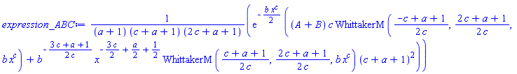 exp(-(1/2)*b*x^c)*((A+B)*c*WhittakerM((1/2)*(-c+a+1)/c, (1/2)*(2*c+a+1)/c, b*x^c)+b^(-(1/2)*(3*c+a+1)/c)*x^(-(3/2)*c+(1/2)*a+1/2)*WhittakerM((1/2)*(c+a+1)/c, (1/2)*(2*c+a+1)/c, b*x^c)*(c+a+1)^2)/((a+1)*(c+a+1)*(2*c+a+1))