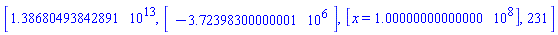 [1.3868049384289111*10^13, Vector(1, {(1) = -3723983.000}), [x = 9.999999999999999*10^7], 231]