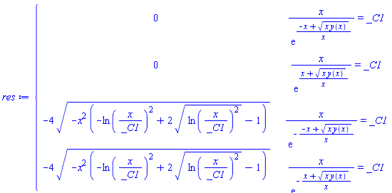 `odetest/PIECEWISE`([0, x/exp((-x+(x*y(x))^(1/2))/x) = _C1], [0, x/exp((x+(x*y(x))^(1/2))/x) = _C1], [-4*(-x^2*(-ln(x/_C1)^2+2*(ln(x/_C1)^2)^(1/2)-1))^(1/2), x/exp(-(-x+(x*y(x))^(1/2))/x) = _C1], [-4*(-x^2*(-ln(x/_C1)^2+2*(ln(x/_C1)^2)^(1/2)-1))^(1/2), x/exp(-(x+(x*y(x))^(1/2))/x) = _C1])