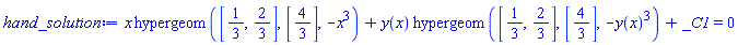 x*hypergeom([1/3, 2/3], [4/3], -x^3)+y(x)*hypergeom([1/3, 2/3], [4/3], -y(x)^3)+_C1 = 0