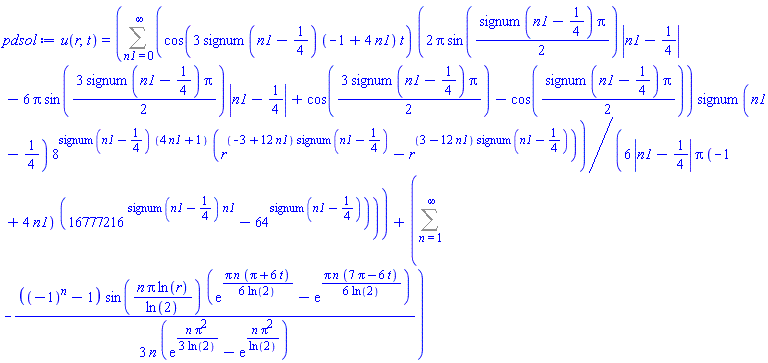 u(r, t) = Sum((1/6)*cos(3*signum(n1-1/4)*(-1+4*n1)*t)*(2*Pi*sin((1/2)*signum(n1-1/4)*Pi)*abs(n1-1/4)-6*Pi*sin((3/2)*signum(n1-1/4)*Pi)*abs(n1-1/4)+cos((3/2)*signum(n1-1/4)*Pi)-cos((1/2)*signum(n1-1/4)*Pi))*signum(n1-1/4)*8^(signum(n1-1/4)*(4*n1+1))*(r^((-3+12*n1)*signum(n1-1/4))-r^((3-12*n1)*signum(n1-1/4)))/(abs(n1-1/4)*Pi*(-1+4*n1)*(16777216^(signum(n1-1/4)*n1)-64^signum(n1-1/4))), n1 = 0 .. infinity)+Sum(-(1/3)*((-1)^n-1)*sin(n*Pi*ln(r)/ln(2))*(exp((1/6)*Pi*n*(Pi+6*t)/ln(2))-exp((1/6)*Pi*n*(7*Pi-6*t)/ln(2)))/(n*(exp((1/3)*n*Pi^2/ln(2))-exp(n*Pi^2/ln(2)))), n = 1 .. infinity)