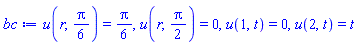 u(r, (1/6)*Pi) = (1/6)*Pi, u(r, (1/2)*Pi) = 0, u(1, t) = 0, u(2, t) = t