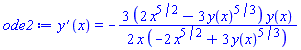 diff(y(x), x) = -(3/2)*(2*x^(5/2)-3*y(x)^(5/3))*y(x)/(x*(-2*x^(5/2)+3*y(x)^(5/3)))