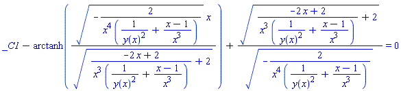 _C1-arctanh((-2/(x^4*(1/y(x)^2+(x-1)/x^3)))^(1/2)*x/((-2*x+2)/(x^3*(1/y(x)^2+(x-1)/x^3))+2)^(1/2))+((-2*x+2)/(x^3*(1/y(x)^2+(x-1)/x^3))+2)^(1/2)/(-2/(x^4*(1/y(x)^2+(x-1)/x^3)))^(1/2) = 0