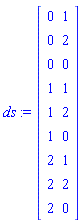 ds := Matrix(9, 2, {(1, 1) = 0, (1, 2) = 1, (2, 1) = 0, (2, 2) = 2, (3, 1) = 0, (3, 2) = 0, (4, 1) = 1, (4, 2) = 1, (5, 1) = 1, (5, 2) = 2, (6, 1) = 1, (6, 2) = 0, (7, 1) = 2, (7, 2) = 1, (8, 1) = 2, (8, 2) = 2, (9, 1) = 2, (9, 2) = 0})