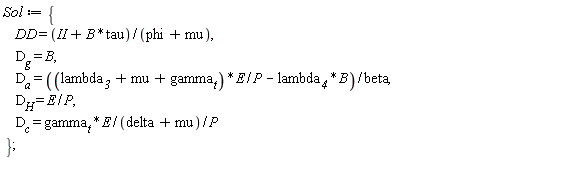 Sol := {DD = (II+B*tau)/(phi+mu), D__H = E/P, D__a = ((lambda__3+mu+gamma__t)*E/P-lambda__4*B)/beta, D__c = gamma__t*E/((delta+mu)*P), D__g = B};