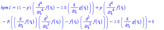 (1-p)*(diff(diff(diff(diff(f(eta), eta), eta), eta), eta)-1.0*(diff(g(eta), eta)))+p*(diff(diff(diff(diff(f(eta), eta), eta), eta), eta)-R*((diff(f(eta), eta))*(diff(diff(f(eta), eta), eta))-f(eta)*(diff(diff(f(eta), eta), eta)))-1.0*(diff(g(eta), eta))) = 0