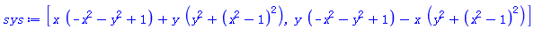 [x*(-x^2-y^2+1)+y*(y^2+(x^2-1)^2), y*(-x^2-y^2+1)-x*(y^2+(x^2-1)^2)]