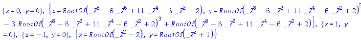 {x = 0, y = 0}, {x = RootOf(_Z^8-6*_Z^6+11*_Z^4-6*_Z^2+2), y = RootOf(_Z^8-6*_Z^6+11*_Z^4-6*_Z^2+2)^5-3*RootOf(_Z^8-6*_Z^6+11*_Z^4-6*_Z^2+2)^3+RootOf(_Z^8-6*_Z^6+11*_Z^4-6*_Z^2+2)}, {x = 1, y = 0}, {x = -1, y = 0}, {x = RootOf(_Z^2-2), y = RootOf(_Z^2+1)}