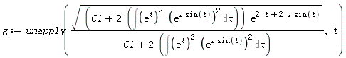g := unapply(sqrt((C1+2*(Int((exp(t))^2*(exp(mu*sin(t)))^2, t)))*exp(2*t+2*mu*sin(t)))/(C1+2*(Int((exp(t))^2*(exp(mu*sin(t)))^2, t))), t)