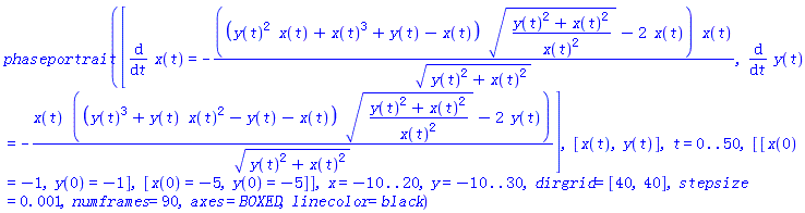 phaseportrait([diff(x(t), t) = -((y(t)^2*x(t)+x(t)^3+y(t)-x(t))*((y(t)^2+x(t)^2)/x(t)^2)^(1/2)-2*x(t))*x(t)/(y(t)^2+x(t)^2)^(1/2), diff(y(t), t) = -x(t)*((y(t)^3+y(t)*x(t)^2-y(t)-x(t))*((y(t)^2+x(t)^2)/x(t)^2)^(1/2)-2*y(t))/(y(t)^2+x(t)^2)^(1/2)], [x(t), y(t)], t = 0 .. 50, [[x(0) = -1, y(0) = -1], [x(0) = -5, y(0) = -5]], x = -10 .. 20, y = -10 .. 30, dirgrid = [40, 40], stepsize = 0.1e-2, numframes = 90, axes = BOXED, linecolor = black)