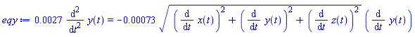 0.27e-2*(diff(diff(y(t), t), t)) = -0.73e-3*((diff(x(t), t))^2+(diff(y(t), t))^2+(diff(z(t), t))^2)^(1/2)*(diff(y(t), t))