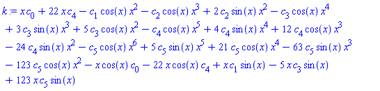 x*c[0]+22*x*c[4]-c[1]*cos(x)*x^2-c[2]*cos(x)*x^3+2*c[2]*sin(x)*x^2-c[3]*cos(x)*x^4+3*c[3]*sin(x)*x^3+5*c[3]*cos(x)*x^2-c[4]*cos(x)*x^5+4*c[4]*sin(x)*x^4+12*c[4]*cos(x)*x^3-24*c[4]*sin(x)*x^2-c[5]*cos(x)*x^6+5*c[5]*sin(x)*x^5+21*c[5]*cos(x)*x^4-63*c[5]*sin(x)*x^3-123*c[5]*cos(x)*x^2-x*cos(x)*c[0]-22*x*cos(x)*c[4]+x*c[1]*sin(x)-5*x*c[3]*sin(x)+123*x*c[5]*sin(x)