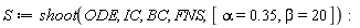 S := shoot(ODE, IC, BC, FNS, [alpha = .35, beta = 20])