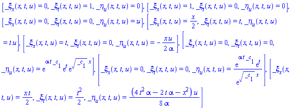 [_xi[x](x, t, u) = 0, _xi[t](x, t, u) = 1, _eta[u](x, t, u) = 0], [_xi[x](x, t, u) = 1, _xi[t](x, t, u) = 0, _eta[u](x, t, u) = 0], [_xi[x](x, t, u) = 0, _xi[t](x, t, u) = 0, _eta[u](x, t, u) = u], [_xi[x](x, t, u) = (1/2)*x, _xi[t](x, t, u) = t, _eta[u](x, t, u) = t*u], [_xi[x](x, t, u) = t, _xi[t](x, t, u) = 0, _eta[u](x, t, u) = -(1/2)*x*u/alpha], [_xi[x](x, t, u) = 0, _xi[t](x, t, u) = 0, _eta[u](x, t, u) = exp(alpha*t*_c[1])*exp(t)*exp(_c[1]^(1/2)*x)], [_xi[x](x, t, u) = 0, _xi[t](x, t, u) = 0, _eta[u](x, t, u) = exp(alpha*t*_c[1])*exp(t)/exp(_c[1]^(1/2)*x)], [_xi[x](x, t, u) = (1/2)*x*t, _xi[t](x, t, u) = (1/2)*t^2, _eta[u](x, t, u) = (1/8)*(4*alpha*t^2-2*alpha*t-x^2)*u/alpha]
