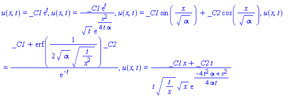 u(x, t) = _C1*exp(t), u(x, t) = _C1*exp(t)/(t^(1/2)*exp((1/4)*x^2/(t*alpha))), u(x, t) = _C1*sin(x/alpha^(1/2))+_C2*cos(x/alpha^(1/2)), u(x, t) = (_C1+erf((1/2)/(alpha^(1/2)*(t/x^2)^(1/2)))*_C2)/exp(-t), u(x, t) = (_C1*x+_C2*t)/(t*(t/x)^(1/2)*x^(1/2)*exp((1/4)*(-4*alpha*t^2+x^2)/(alpha*t)))