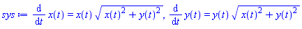 diff(x(t), t) = x(t)*(x(t)^2+y(t)^2)^(1/2), diff(y(t), t) = y(t)*(x(t)^2+y(t)^2)^(1/2)
