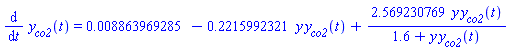 diff(y[co2](t), t) = 0.8863969285e-2-.2215992321*y*y[co2](t)+2.569230769*y*y[co2](t)/(1.6+y*y[co2](t))