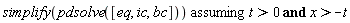 `assuming`([simplify(pdsolve([eq, ic, bc]))], [`and`(t > 0, x > -t)])