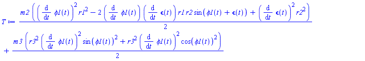 (1/2)*m2*((diff(phi1(t), t))^2*r1^2-2*(diff(phi1(t), t))*(diff(epsilon(t), t))*r1*r2*sin(phi1(t)+epsilon(t))+(diff(epsilon(t), t))^2*r2^2)+(1/2)*m3*(r3^2*(diff(phi1(t), t))^2*sin(phi1(t))^2+r3^2*(diff(phi1(t), t))^2*cos(phi1(t))^2)