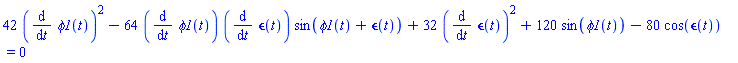 42*(diff(phi1(t), t))^2-64*(diff(phi1(t), t))*(diff(epsilon(t), t))*sin(phi1(t)+epsilon(t))+32*(diff(epsilon(t), t))^2+120*sin(phi1(t))-80*cos(epsilon(t)) = 0