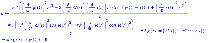 (1/2)*m2*((diff(phi1(t), t))^2*r1^2-2*(diff(phi1(t), t))*(diff(epsilon(t), t))*r1*r2*sin(phi1(t)+epsilon(t))+(diff(epsilon(t), t))^2*r2^2)+(1/2)*m3*(r3^2*(diff(phi1(t), t))^2*sin(phi1(t))^2+r3^2*(diff(phi1(t), t))^2*cos(phi1(t))^2)-m2*g*(r1*sin(phi1(t))+r2*cos(epsilon(t)))+m3*g*r3*sin(phi1(t)) = 0