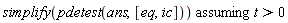 `assuming`([simplify(pdetest(ans, [eq, ic]))], [t > 0])