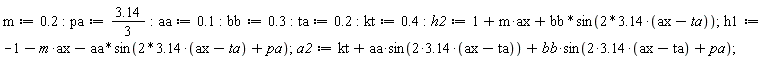 m := .2; pa := 3.14*(1/3); aa := .1; bb := .3; ta := .2; kt := .4; h2 := 1+m*ax+bb*sin((2*3.14)*(ax-ta)); h1 := -1-m*ax-aa*sin((2*3.14)*(ax-ta)+pa); a2 := kt+aa*sin((2*3.14)*(ax-ta))+bb*sin((2*3.14)*(ax-ta)+pa)