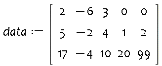 Matrix(3, 5, {(1, 1) = 2, (1, 2) = -6, (1, 3) = 3, (1, 4) = 0, (1, 5) = 0, (2, 1) = 5, (2, 2) = -2, (2, 3) = 4, (2, 4) = 1, (2, 5) = 2, (3, 1) = 17, (3, 2) = -4, (3, 3) = 10, (3, 4) = 20, (3, 5) = 99})
