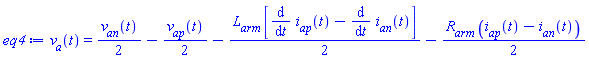 v__a(t) = (1/2)*v__an(t)-(1/2)*v__ap(t)-(1/2)*L__arm*[diff(i__ap(t), t)-(diff(i__an(t), t))]-(1/2)*R__arm*(i__ap(t)-i__an(t))