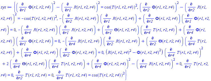 {(diff(Phi(r1, r2, r4), r1))^2-(diff(R(r1, r2, r4), r1))^2 = cos(T(r1, r2, r4))^2, (diff(Phi(r1, r2, r4), r2))^2-(diff(R(r1, r2, r4), r2))^2 = -cos(T(r1, r2, r4))^2, -(diff(R(r1, r2, r4), r2))*(diff(R(r1, r2, r4), r1))+(diff(Phi(r1, r2, r4), r2))*(diff(Phi(r1, r2, r4), r1)) = 0, -(diff(R(r1, r2, r4), r4))*(diff(R(r1, r2, r4), r1))+(diff(Theta(r1, r2, r4), r1))*(diff(T(r1, r2, r4), r4))+(diff(Phi(r1, r2, r4), r4))*(diff(Phi(r1, r2, r4), r1)) = 0, -(diff(R(r1, r2, r4), r4))*(diff(R(r1, r2, r4), r2))+(diff(Theta(r1, r2, r4), r2))*(diff(T(r1, r2, r4), r4))+(diff(Phi(r1, r2, r4), r4))*(diff(Phi(r1, r2, r4), r2)) = 0, (R(r1, r2, r4)^2-Phi(r1, r2, r4)^2)*(diff(T(r1, r2, r4), r4))^2+2*(diff(Theta(r1, r2, r4), r4))*(diff(T(r1, r2, r4), r4))+(diff(Phi(r1, r2, r4), r4))^2-(diff(R(r1, r2, r4), r4))^2 = 0, diff(T(r1, r2, r4), r1) = 0, diff(T(r1, r2, r4), r2) = 0, diff(T(r1, r2, r4), r4) = cos(T(r1, r2, r4))^2}