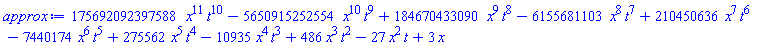 175692092397588*t^10*x^11-5650915252554*t^9*x^10+184670433090*t^8*x^9-6155681103*t^7*x^8+210450636*t^6*x^7-7440174*t^5*x^6+275562*t^4*x^5-10935*t^3*x^4+486*t^2*x^3-27*t*x^2+3*x