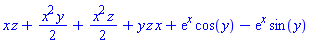 x*z+(1/2)*x^2*y+(1/2)*x^2*z+y*z*x+exp(x)*cos(y)-exp(x)*sin(y)