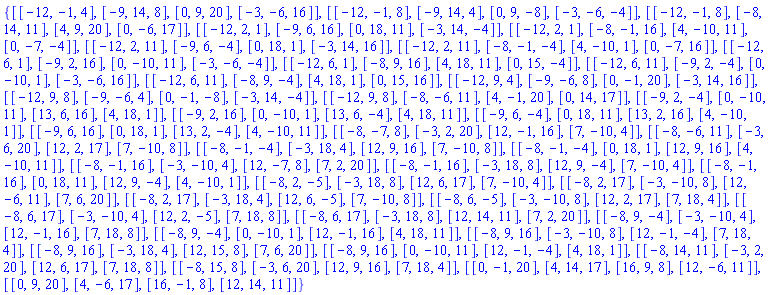 {[[-12, -1, 4], [-9, 14, 8], [0, 9, 20], [-3, -6, 16]], [[-12, -1, 8], [-9, 14, 4], [0, 9, -8], [-3, -6, -4]], [[-12, -1, 8], [-8, 14, 11], [4, 9, 20], [0, -6, 17]], [[-12, 2, 1], [-9, 6, 16], [0, 18, 11], [-3, 14, -4]], [[-12, 2, 1], [-8, -1, 16], [4, -10, 11], [0, -7, -4]], [[-12, 2, 11], [-9, 6, -4], [0, 18, 1], [-3, 14, 16]], [[-12, 2, 11], [-8, -1, -4], [4, -10, 1], [0, -7, 16]], [[-12, 6, 1], [-9, 2, 16], [0, -10, 11], [-3, -6, -4]], [[-12, 6, 1], [-8, 9, 16], [4, 18, 11], [0, 15, -4]], [[-12, 6, 11], [-9, 2, -4], [0, -10, 1], [-3, -6, 16]], [[-12, 6, 11], [-8, 9, -4], [4, 18, 1], [0, 15, 16]], [[-12, 9, 4], [-9, -6, 8], [0, -1, 20], [-3, 14, 16]], [[-12, 9, 8], [-9, -6, 4], [0, -1, -8], [-3, 14, -4]], [[-12, 9, 8], [-8, -6, 11], [4, -1, 20], [0, 14, 17]], [[-9, 2, -4], [0, -10, 11], [13, 6, 16], [4, 18, 1]], [[-9, 2, 16], [0, -10, 1], [13, 6, -4], [4, 18, 11]], [[-9, 6, -4], [0, 18, 11], [13, 2, 16], [4, -10, 1]], [[-9, 6, 16], [0, 18, 1], [13, 2, -4], [4, -10, 11]], [[-8, -7, 8], [-3, 2, 20], [12, -1, 16], [7, -10, 4]], [[-8, -6, 11], [-3, 6, 20], [12, 2, 17], [7, -10, 8]], [[-8, -1, -4], [-3, 18, 4], [12, 9, 16], [7, -10, 8]], [[-8, -1, -4], [0, 18, 1], [12, 9, 16], [4, -10, 11]], [[-8, -1, 16], [-3, -10, 4], [12, -7, 8], [7, 2, 20]], [[-8, -1, 16], [-3, 18, 8], [12, 9, -4], [7, -10, 4]], [[-8, -1, 16], [0, 18, 11], [12, 9, -4], [4, -10, 1]], [[-8, 2, -5], [-3, 18, 8], [12, 6, 17], [7, -10, 4]], [[-8, 2, 17], [-3, -10, 8], [12, -6, 11], [7, 6, 20]], [[-8, 2, 17], [-3, 18, 4], [12, 6, -5], [7, -10, 8]], [[-8, 6, -5], [-3, -10, 8], [12, 2, 17], [7, 18, 4]], [[-8, 6, 17], [-3, -10, 4], [12, 2, -5], [7, 18, 8]], [[-8, 6, 17], [-3, 18, 8], [12, 14, 11], [7, 2, 20]], [[-8, 9, -4], [-3, -10, 4], [12, -1, 16], [7, 18, 8]], [[-8, 9, -4], [0, -10, 1], [12, -1, 16], [4, 18, 11]], [[-8, 9, 16], [-3, -10, 8], [12, -1, -4], [7, 18, 4]], [[-8, 9, 16], [-3, 18, 4], [12, 15, 8], [7, 6, 20]], [[-8, 9, 16], [0, -10, 11], [12, -1, -4], [4, 18, 1]], [[-8, 14, 11], [-3, 2, 20], [12, 6, 17], [7, 18, 8]], [[-8, 15, 8], [-3, 6, 20], [12, 9, 16], [7, 18, 4]], [[0, -1, 20], [4, 14, 17], [16, 9, 8], [12, -6, 11]], [[0, 9, 20], [4, -6, 17], [16, -1, 8], [12, 14, 11]]}