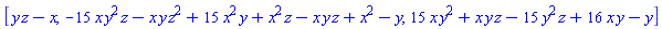 [y*z-x, -15*x*y^2*z-x*y*z^2+15*x^2*y+x^2*z-x*y*z+x^2-y, 15*x*y^2+x*y*z-15*y^2*z+16*x*y-y]