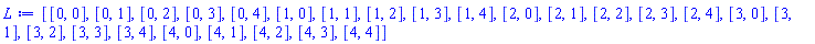 [[0, 0], [0, 1], [0, 2], [0, 3], [0, 4], [1, 0], [1, 1], [1, 2], [1, 3], [1, 4], [2, 0], [2, 1], [2, 2], [2, 3], [2, 4], [3, 0], [3, 1], [3, 2], [3, 3], [3, 4], [4, 0], [4, 1], [4, 2], [4, 3], [4, 4]]