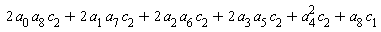 2*a[0]*a[8]*c[2]+2*a[1]*a[7]*c[2]+2*a[2]*a[6]*c[2]+2*a[3]*a[5]*c[2]+a[4]^2*c[2]+a[8]*c[1]
