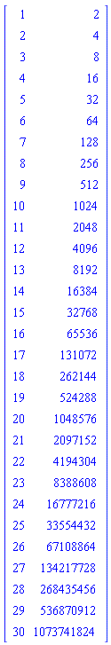Matrix([[1, 2], [2, 4], [3, 8], [4, 16], [5, 32], [6, 64], [7, 128], [8, 256], [9, 512], [10, 1024], [11, 2048], [12, 4096], [13, 8192], [14, 16384], [15, 32768], [16, 65536], [17, 131072], [18, 262144], [19, 524288], [20, 1048576], [21, 2097152], [22, 4194304], [23, 8388608], [24, 16777216], [25, 33554432], [26, 67108864], [27, 134217728], [28, 268435456], [29, 536870912], [30, 1073741824]])