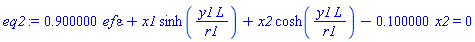 .9*ef*epsilon+x1*sinh(y1*L/r1)+x2*cosh(y1*L/r1)-.1*x2 = 0